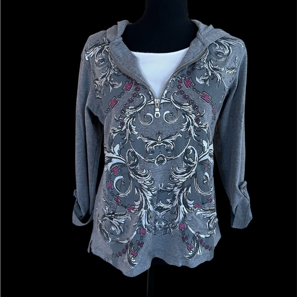 Style & Co Sport Gray Hoodie Medium Quarter Zip Embellished Pullover Y2K